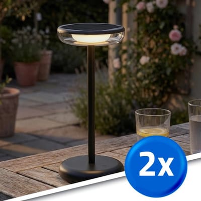 Tafellamp oplaadbaar ‘Vita’ - Voordeelset van 2 stuks - Zwart - USB-C oplaadbaar - Werkt ook op zonne-energie - Warm wit licht 2700K - Tafellamp voor binnen én buiten - Solar tuinverlichting
