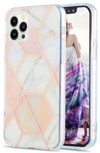 Cityhoesje - iPhone 15 Pro - Splicing Marble Pattern Electroplated - Back Cover - Roze Wit