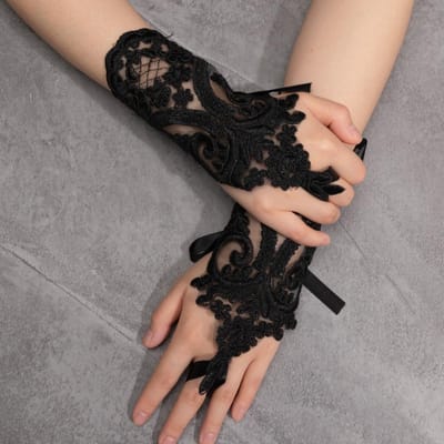Gants de Mariage pour Femmes Sans Doigts Dentelle Blanc Noir Haute Qualité Gants de Mariage Moufles Accessoire Fille Fête Gants Sexy Guante One Size noir