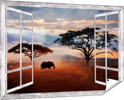 Gards Tuinposter Doorkijk Olifant in het Wild - Savanne - 150x100 cm - Tuindoek - Tuindecoratie - Wanddecoratie buiten - Tuinschilderij