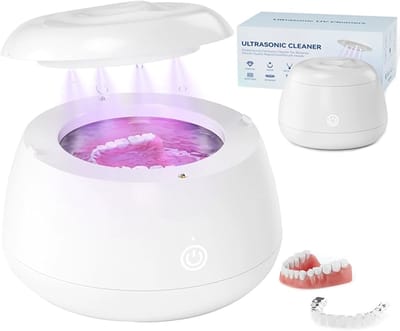 Ultrasone beugelreiniger - 48 kHz ultrasone gebitsreinigingsmachine, reinigingspod voor tandheelkundige toepassingen, draagbare ultrasone reiniger voor gebitsprotheses, mondbeschermers, beugels en sieraden 220 ml (wit)
