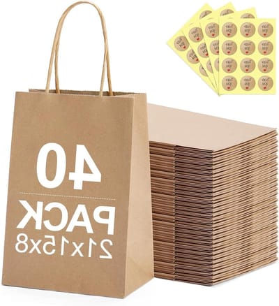 Kraft papieren tasjes met handvatten, 40 stuks, ideaal voor voedsel, feestjes en evenementen (21 x 15 x 8 cm)