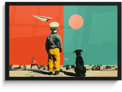 Poster in lijst - Fotolijst 60x40 cm - Posters - Retro - Jongen - Hond - Rood - Groen - Posterlijst zwart - Decoratie - Wanddecoratie woonkamer - Muurdecoratie slaapkamer