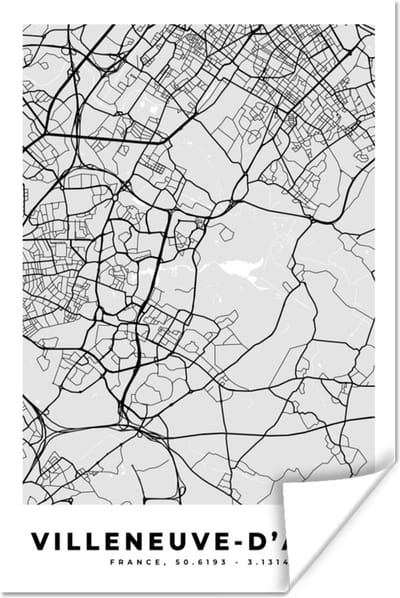 Poster Plattegrond - Kaart - Stadskaart - Frankrijk - Villeneuve-d'Ascq - 120x180 cm XXL