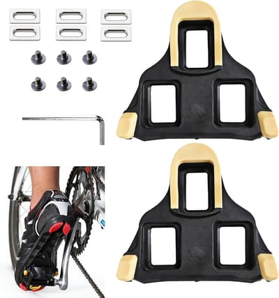 Clamp set voor SPD-SL pedalen in geel/zwart, loopvriendelijk ontwerp, compatibel met 3-gats racefiets schoenen, ideaal voor comfort en veiligheid tijdens het fietsen