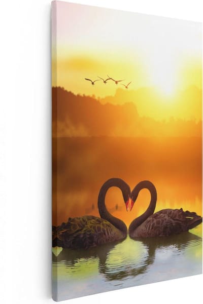 Artaza Canvas Schilderij Zonsondergang Zee - 20x30 cm - Klein - Wanddecoratie Palmboom - Muurdecoratie Zwanen - Schilderijen Op Canvas Strand