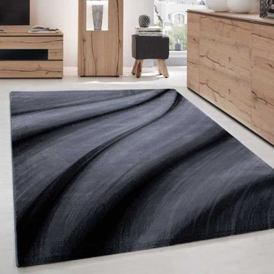 Modern vloerkleed met golvend design voor de woonkamer, Miami 6630, zwart-grijs. 80x300 cm