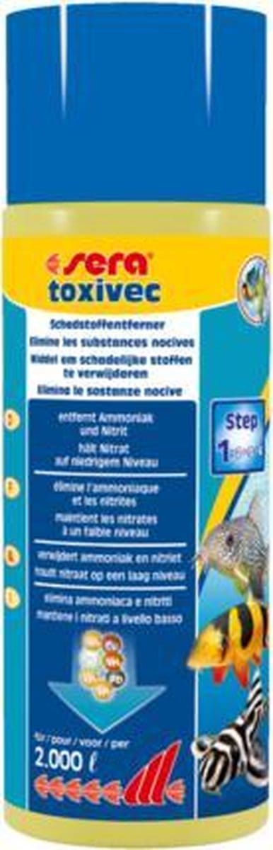 sera toxivec - Onmiddellijke hulp tegen verontreinigende stoffen - Verwijdert amoniak en nitriet - verwijdert chloor en chlooramines - 250 ml voor 1000 l water