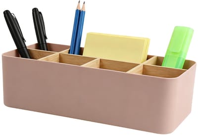 Bureau-organizer van bamboe, pennenhouder van hout met 8 vakken, afneembare bureau-opbergdoos, tv-afstandsbediening voor pennen, cosmetica (roze)