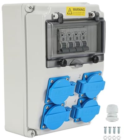 Wandverdeler met stroomonderbreker en FI, 5-polige bouwstroomverdeler met 3 x Schuko-stopcontact en CEE-stopcontact 16/32 A voor binnen en buiten