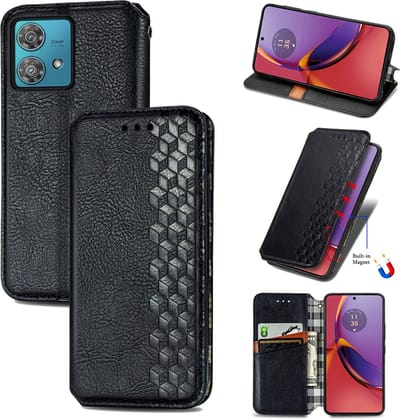 Luxe PU Lederen Ruitpatroon Wallet Case + PMMA Screenprotector voor Moto G84 5G _ Zwart