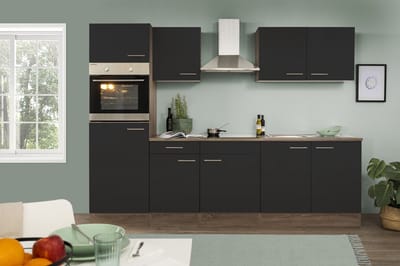 Goedkope keuken 270 cm - complete keuken met apparatuur Oliver - Donker eiken/Zwart - keramische kookplaat - afzuigkap - oven - spoelbak