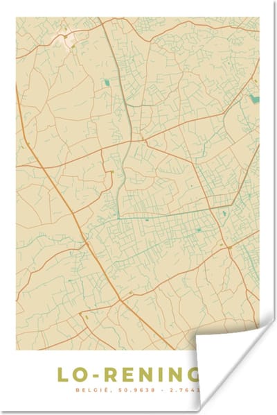 Poster België - Lo-Reninge - Plattegrond - Kaart - Stadskaart - 120x180 cm XXL