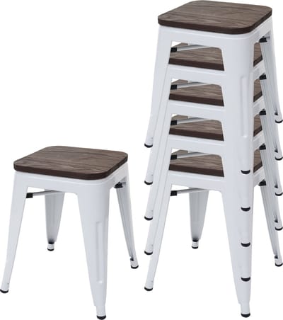 Set van 6 krukken MCW-A73 incl. houten zitting, metalen kruk, stapelbaar ~ wit
