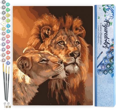 Figured'Art Schilderen op Nummer Volwassenen canvas Leeuw en leeuwin koppel - Handwerk acrylverf Kit DIY Compleet - 40x50cm zonder frame
