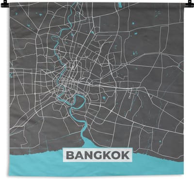 Wandkleed - Wanddoek - Bangkok - Blauw - Plattegrond - Kaart - Stadskaart - 180x180 cm - Wandtapijt