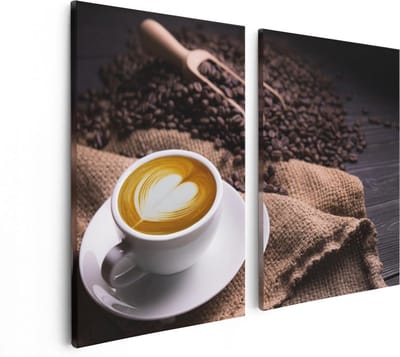 Artaza Canvas Schilderij Tweeluik Kopje Koffie In Een Hartje Met Koffiebonen - 80x60 - Foto Op Canvas - Canvas Print