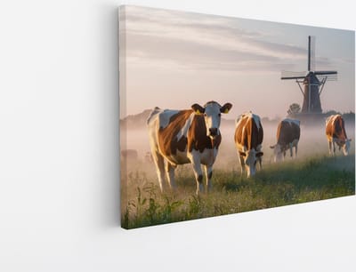 Saammp Canvas Schilderij - Groep koeien in de mist - Natuur - Dieren - 45x30 - Foto op canvas - Wanddecoratie - Muurdecoratie Woonkamer - Slaapkamer decoratie - Canvas Print