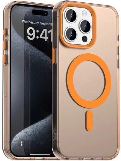 MagSafe Compatibel Backcover Hoesje Geschikt voor Apple iPhone 15 Pro - Oranje & Semi-Transparant Design - Stijlvol & Goede Bescherming