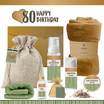 Geschenkset “80 Happy Birthday” - 8 producten - 1140 gram - Triomf Cosmetica | Luxe wellness Cadeaubox voor haar Giftset Feestje Verjaardag Tachtig jaar Cadeau Pakket Gefeliciteerd Verjaardagscadeau Vrouw Party Eighty Years Hartje Goud Groen