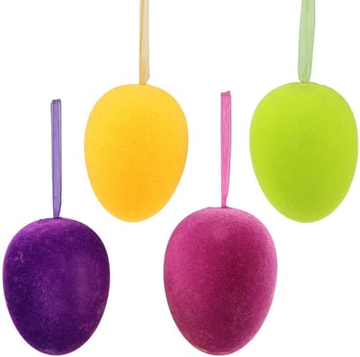 Decoratieve paaseieren om op te hangen kleurrijk gevlokt H8cm 8 st, 8
