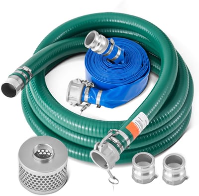 Zuigslangset voor Waterpomp, 50,80 Mm X 19,81 M, met Blauwe Terugspoel Slang, Groene Zuigslang, Zeef, Nokkels, Klemmen, Adapter, Multifunctioneel