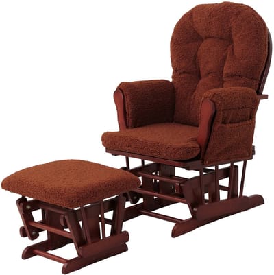 Relaxfauteuil MCW-C76, schommelstoel fauteuil + hocker stof bouclé 480g/m² Oeko-Tex ~ roestbruin donker frame