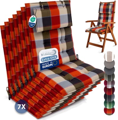 Beautissu Sun-HL - Set van 7 Premium Hoge Rugleuning Kussen met Hoofdkussen 120x50 cm – UV-bestendig & 8cm Dik Kussen Tuinstoelkussen Antislip Bevestigingsbanden – Stevige Stof Oranje Beige geblokt