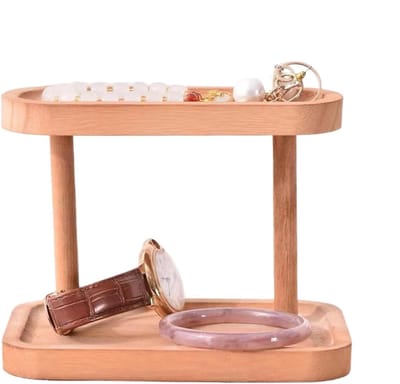 Houten Organizer - Sleutelhanger Display - Sieraden Opbergen - Dubbellaags Ontwerp - 17 x 10 x 13 cm - Houtkleur