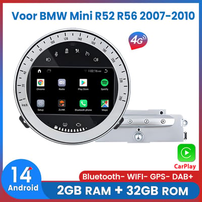 Awesafe Autoradio - Geschikt Voor BMW Mini R52 R56 2007 t/m 2010 - RAM 2GB + ROM 32GB - 8 Kern V1PRO - Draadloos Apple Carplay & Android auto - GPS Navigatie 4G WIFI - Ondersteuning invoegen 4G SIM - 2007 2008 2009 2010