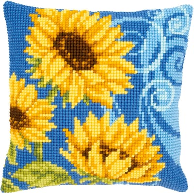 Vervaco - Kruissteekkussen kit - Zonnebloemen op blauw - PN-0021825 - Borduren - Borduurpakket - Borduurpakket volwassenen - Borduurpakket kind