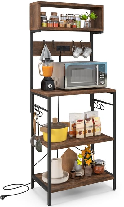 COSTWAY Keukenrek met stopcontact, staand rek met open planken en 10 ophanghaken, magnetronrek, industrieel met stalen frame, bakkersrek voor keuken en eetkamer, 60 x 42 x 153 cm