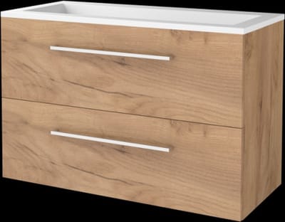 Basic Start 46 badmeubelset met wastafelonderkast met grepen, 2 lades en acryl wastafel zonder kraangaten 100 x 46 cm, whisky oak