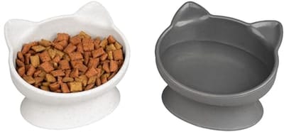Kattenvoerbakken - Voerbakken set - Gezond Eten - Verhoogd ontwerp - 2 stuks 6 oz - Wit Grijs