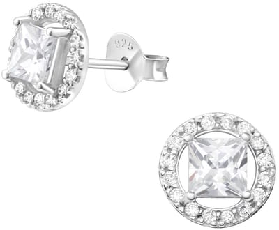 Joy|S - Zilveren classic rond oorbellen - 9 mm - rond met vierkant zirkonia - oorknoppen
