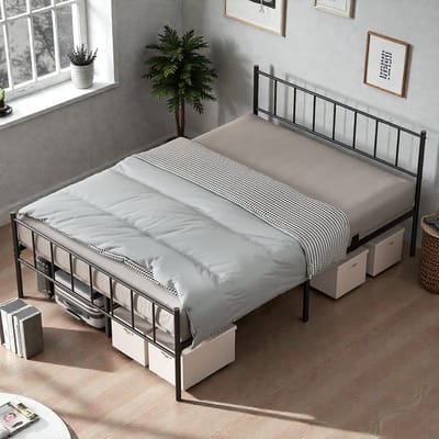 KUTAS Bedframe - Metalen Bed - Tweepersoonsbed 140x190 cm - met Hoofdbord en Lattenbodem - 32 cm Grote Opbergruimte - Heavy Duty - Stevig - Roestvrij - Gemakkelijk te Monteren - Draagkracht 600 kg - Zwart