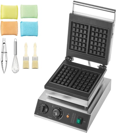 Commercieel Wafelijzer, 2-Delig, Rechthoekig, 2000 W, Roestvrij Staal met Antiaanbaklaag, Temperatuur- en Tijdregeling, Handvat, voor Restaurant, Bakkerij, Snackbar, Familie