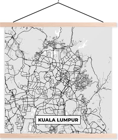 Posterhanger incl. Poster 40x40 cm - Schoolplaat - Kaart - Kuala Lumpur - Stadskaart - Plattegrond - Zwart Wit - Textielposter - Blanke latten - Stadskaart