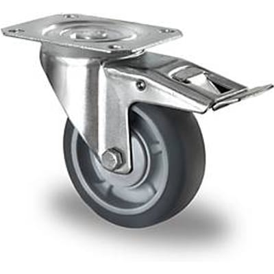 CASCOO zwenkwiel P2G2, met rem, wiel ø 100 mm x B 32 mm, velg polypropyleen, loopvlak elastomeer, grijs, kogellager, tot 130 kg