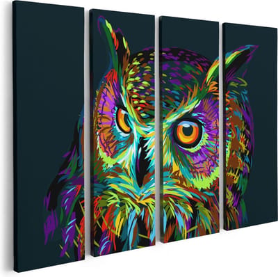 Artaza Canvas Schilderij Vierluik Kleurrijke Uil - Abstract - 80x60 - Foto Op Canvas - Canvas Print
