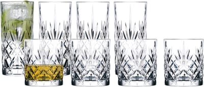 Lyngby Glas Melodia kristal waterglazen, set van 4 whiskyglazen en 4 drink- en cocktailglazen, vaatwasserbestendig