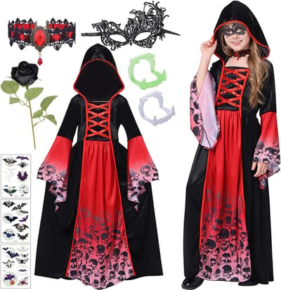Halloween Vampier Kostuum voor Meisjes, 9-delig, Kinderen, Carnavalskostuum, Cosplay, Vampier Jurk met Robijn Ketting en Vampier Tanden