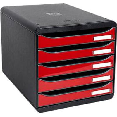 Ladebox BIG-BOX PLUS, A4+ formaat, 5 halfopen laden met uittrekstop, verzonken greep & etikethouder, zwart-rood