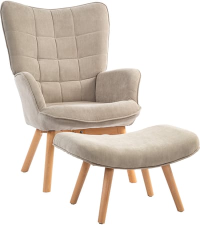 Oorfauteuil Met Hocker Relaxstoel Khaki 80x72x101cm Cordlook Gestoffeerde Fauteuil Lounge Stoel Met Armleuningen Houten Poten TV Stoel Voor Woonkamer Leesstoel Comfortabel Belastbaar 150kg