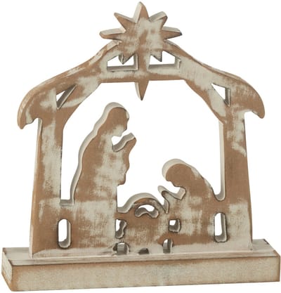 J-Line decoratie kerststal - mangohout - wit/naturel - small