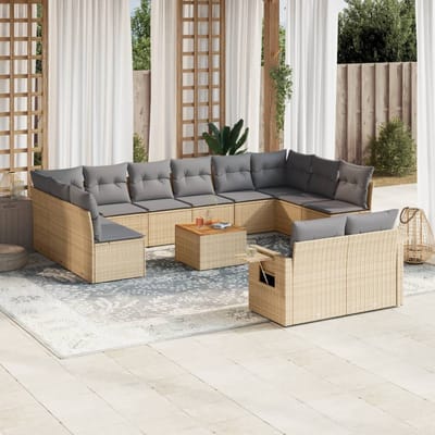 vidaXL - 13-delige - Loungeset - met - kussens - poly - rattan - gemengd - beige