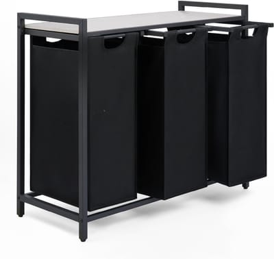 REN® Wasmand 3 Vakken - Wasmand - Wassorteerder - Wasmand Met Deksel - Zwart - 36cm x 84cm x 73cm