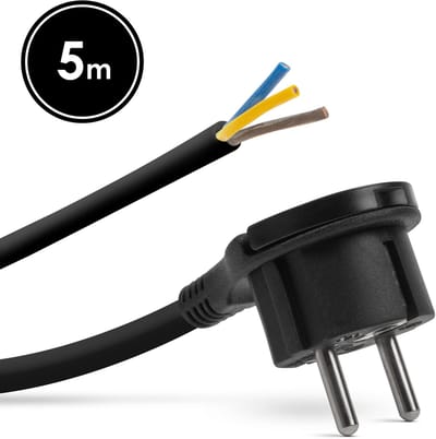 Haakse Stekker Met 5 Meter Kabel Zwart – Montagebare Netstekker Met Trek lip – Losse Stekker Met Aarde 230V 16A – H05VV-F 3G 1,5 Mm² Voedingskabel Voor Binnengebruik [05942C]