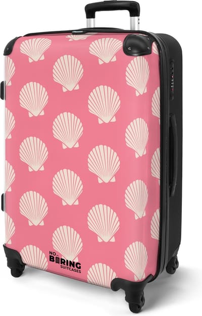 NoBoringSuitcases.com® - Koffer groot - Rolkoffer lichtgewicht - Roze valies met beige schelpen - Reiskoffer met 4 wielen - Grote reis trolley XL - 20 kg bagage - Bagagekoffer
