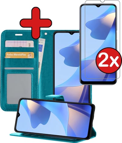 Hoesje - Met 2x Screenprotector - Geschikt voor OPPO A16s - Luxe Pasjeshouder - Flip Case - Bookcase Portemonee - Kunstleer Book Case - Flipcase Hoes - Book Cover - Walletcase - Portemonneehoes - Telefoonhoes - Turquoise